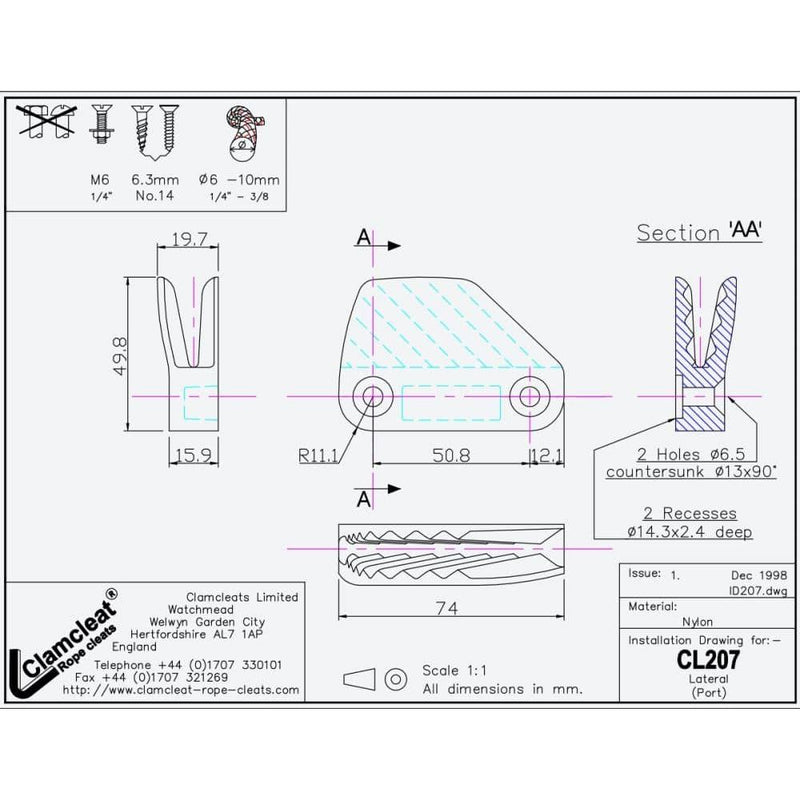 Chargez l'image dans la visionneuse de la galerie, ClamCleat® Nylon Latéral Babord ø6 à 10mm, taquet discret en nylon pour dériveurs et voiliers, fixation par boulons ou vis à tête fraisée.