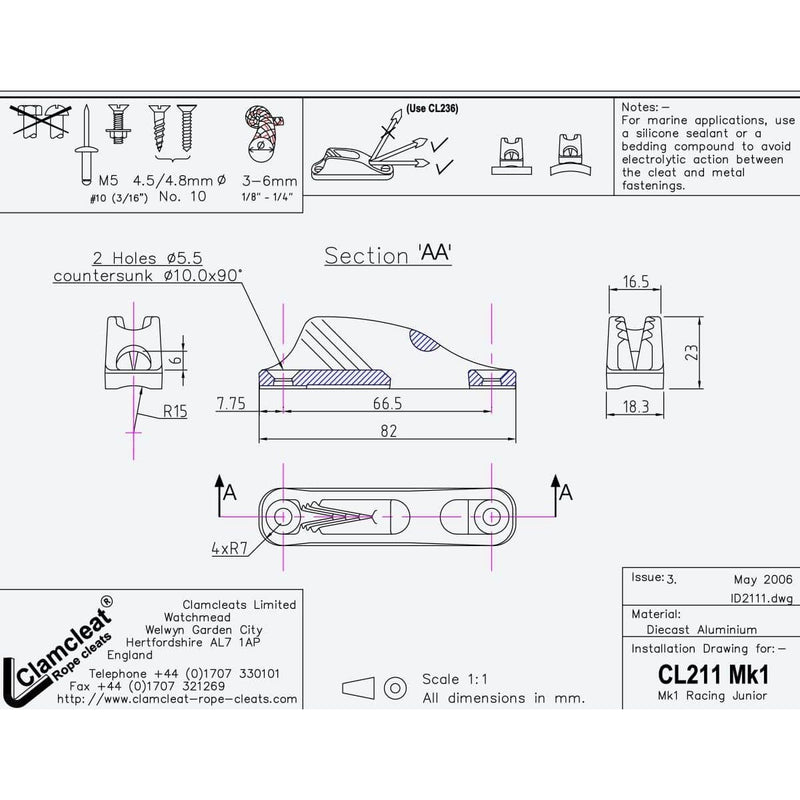 Load image into Gallery viewer, ClamCleat® Alu Junior Racing Mk1 ø3 à 6mm conçu pour voiliers, dériveurs, et kayaks, avec guide-câble intégré pour surfaces courbes et planes.