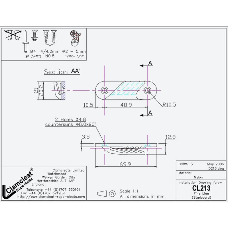 Load image into Gallery viewer, ClamCleat® Nylon Latéral Tribord ø2 à 5mm, taquet noir discret adapté pour dériveurs, canoës et kayaks, idéal pour surfaces planes et usage extérieur continu.
