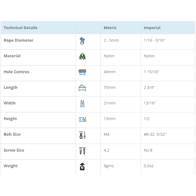Chargez l'image dans la visionneuse de la galerie, ClamCleat® Nylon Latéral Tribord ø2 à 5mm, taquet discret en nylon marin, idéal pour voiles et sangles, parfait pour dériveurs et kayaks.