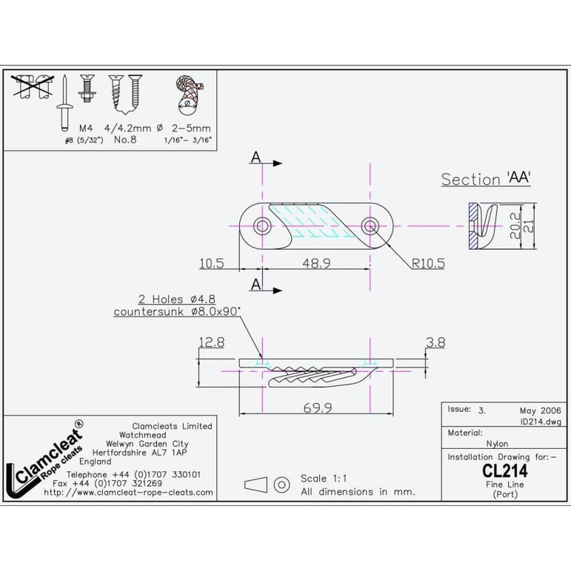 Chargez l'image dans la visionneuse de la galerie, ClamCleat® Nylon Latéral Babord ø2 à 5mm, un taquet en nylon compact pour surfaces planes, idéal pour dériveurs, canoës et kayaks, adapté à l'extérieur.