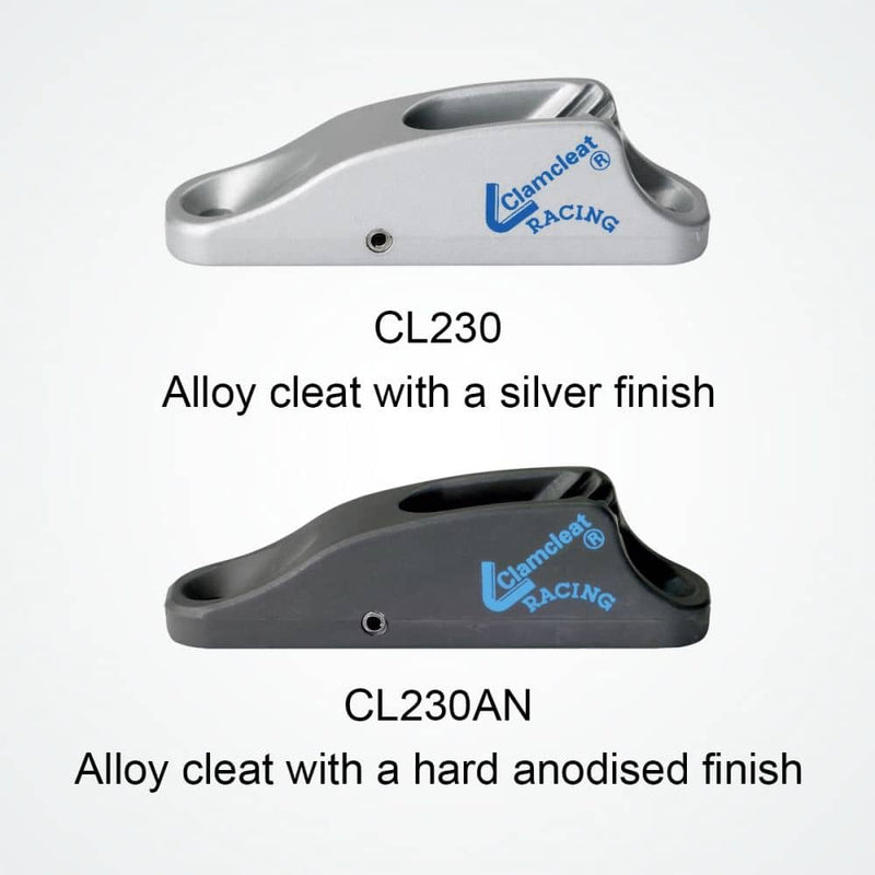 Chargez l'image dans la visionneuse de la galerie, ClamCleat® Alu Junior Racing Mk1 avec Réa bas ø3 à 6mm, idéal pour applications sous le pont, disponible en finitions émaillée argentée ou anodisée dure.