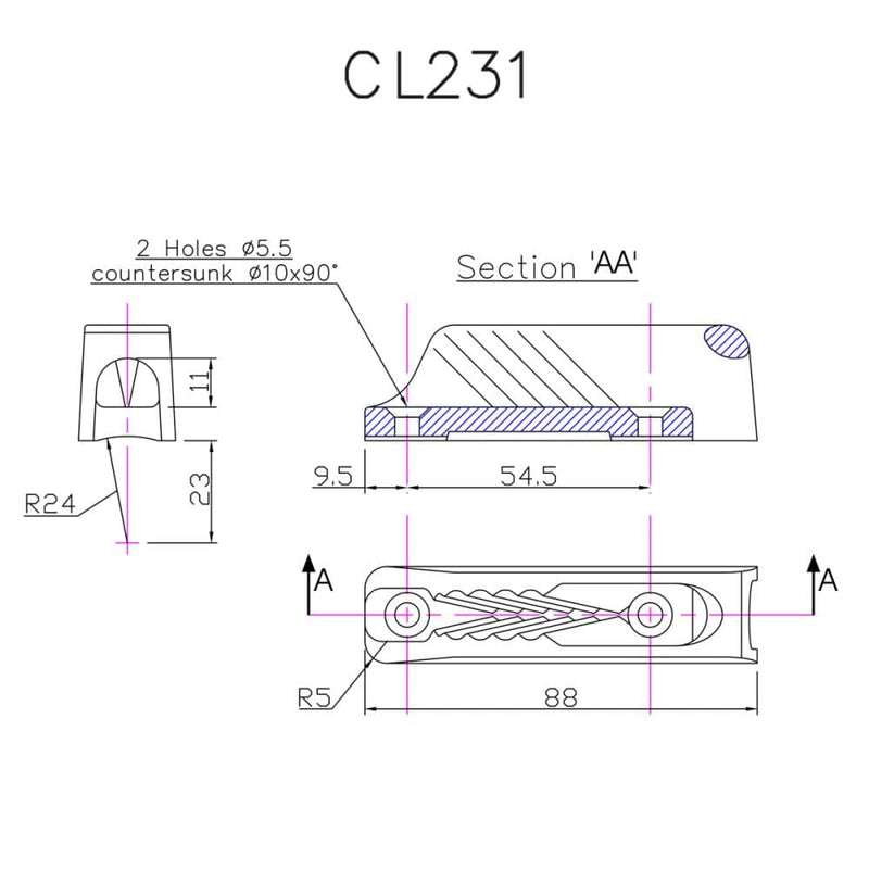 Chargez l'image dans la visionneuse de la galerie, ClamCleat® Nylon Noir Midi ø4 à 8mm, taquet compact avec guide-câble intégré, idéal pour dériveurs et catamarans, fixation sur surfaces planes ou courbes.