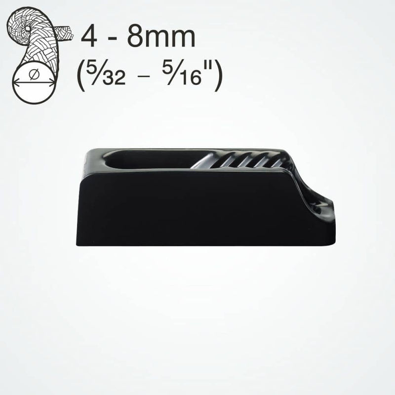 Chargez l'image dans la visionneuse de la galerie, ClamCleat® Nylon Noir Midi ø4 à 8mm, taquet compact en nylon avec guide-câble intégré, adapté pour fixation sur surfaces planes ou courbes.