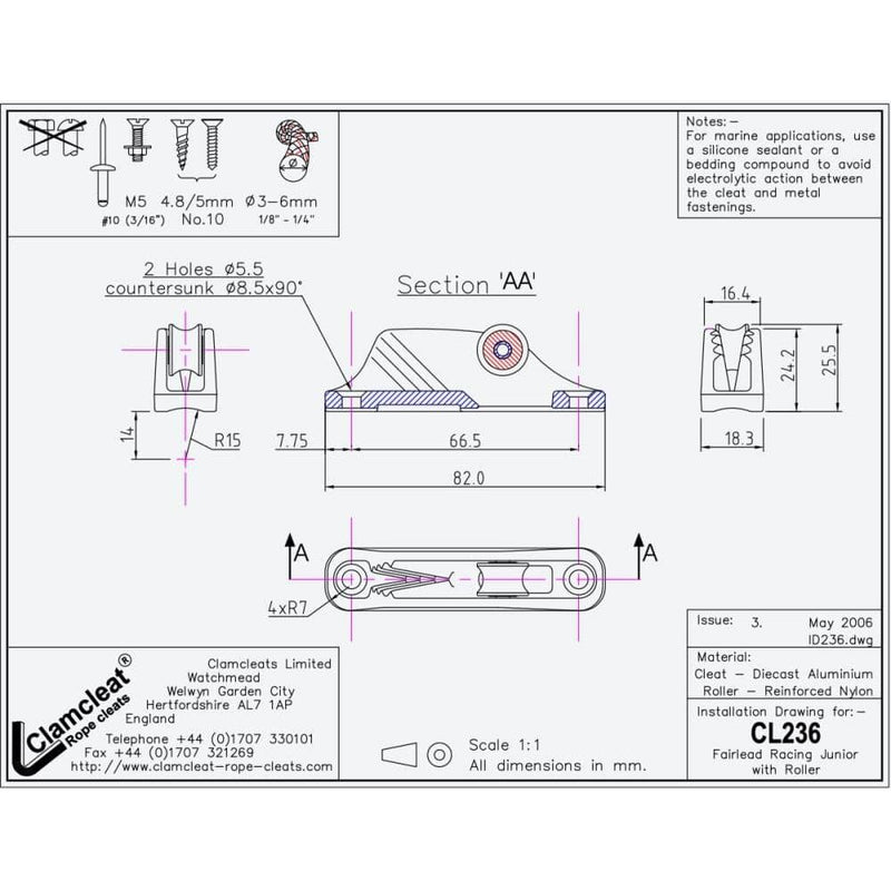 Chargez l'image dans la visionneuse de la galerie, ClamCleat® Alu Junior Racing Mk1 avec Réa haut, diagramme technique montrant le mécanisme pour cordages ø3 à 6mm, idéal pour réglages voile légère.