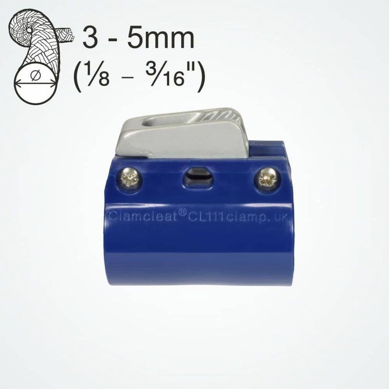 Load image into Gallery viewer, ClamCleat® Wishbone Aluminium ø6mm fixé sur un wishbone avec taquet en alliage et pince en nylon, adapté pour mâts de 34 à 36mm.
