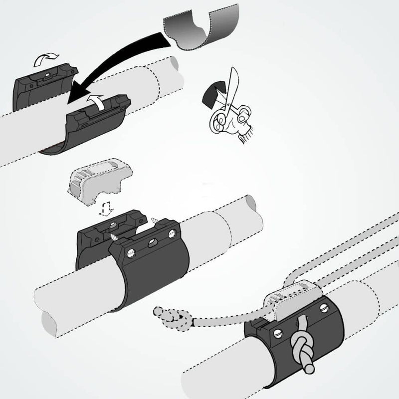 Load image into Gallery viewer, ClamCleat® Wishbone Aluminium ø6mm, fixé sur un wishbone de planche à voile, avec taquet en alliage et pince en nylon pour mâts de 34-36mm.