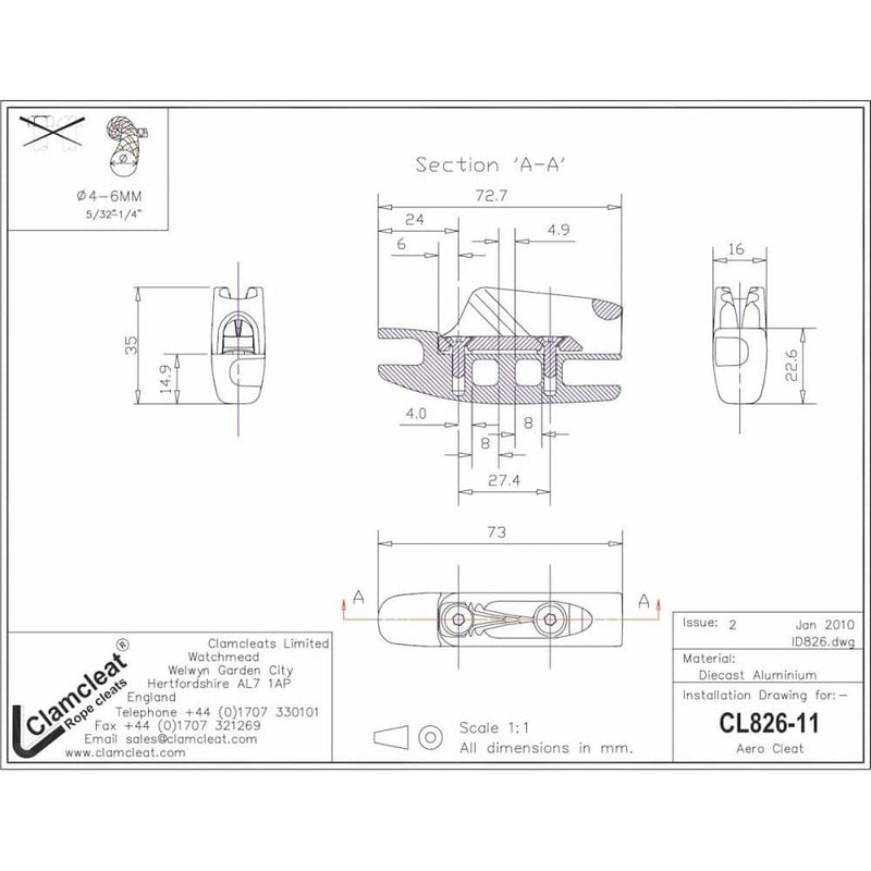 Chargez l'image dans la visionneuse de la galerie, Aero Base avec Clam-Cleat CL211Mk2, un taquet aluminium compact pour cordages de 4 à 6 mm, idéal pour équipements nautiques et structures légères.