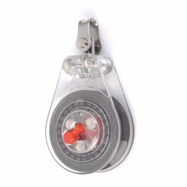 Laden Sie das Bild in Galerie -Viewer, Poulie Winch à billes ø57mm Transparente avec boîtier en plastique clair, clip en acier et cordon rétractable, idéale pour l'écoute d'Optimist.