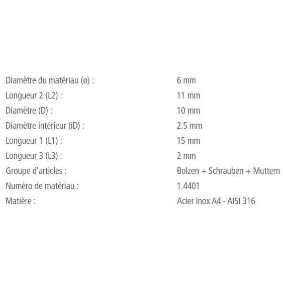 Chargez l'image dans la visionneuse de la galerie, Axe épaulé inox A4 - AISI 316, gros plan sur dimensions et caractéristiques, idéal pour voile légère, dériveur et catamaran. Fabrication européenne de qualité marine.