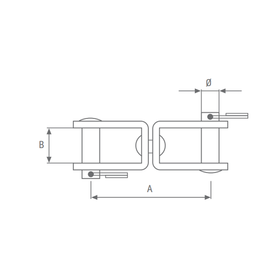 Laden Sie das Bild in Galerie -Viewer, Émerillon Inox: croquis d'assemblage de chariot à rouleaux, vue latérale/haute, dimensions clés A, B, Ø indiquées, pour applications nautiques et industrielles.