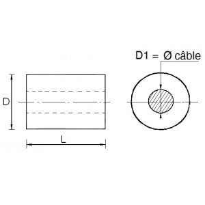 Load image into Gallery viewer, Esquisse technique du manchon d'arrêt cuivre, montrant un cylindre avec câble central, conçu pour fixer solidement les câbles dans des applications nautiques.