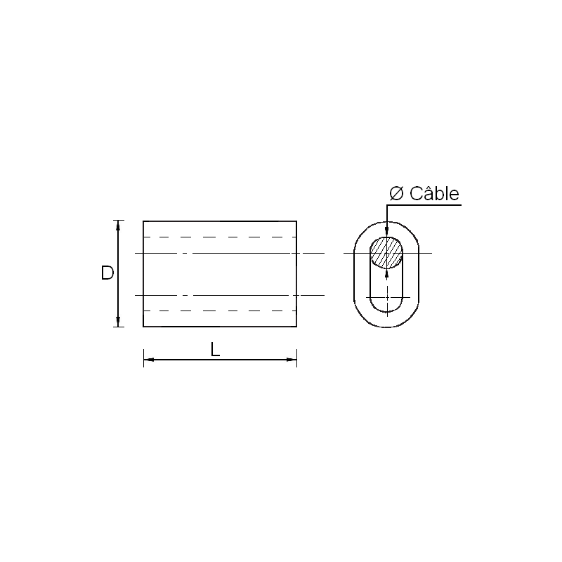 Carregue a imagem no visualizador da galeria, Manchon de Boucle cuivre avec vue technique montrant la longueur L et hauteur D d'un conduit oblong, abritant un câble rond de diamètre Ø câble.