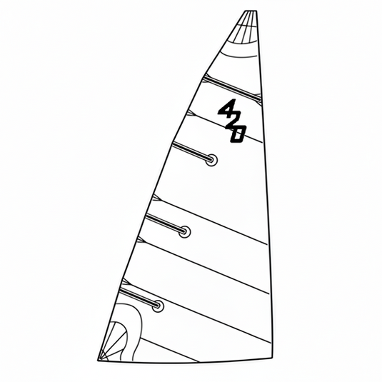 Grand Voile Dériveur 420 avec luff sleeve, battens visibles, et marquage 4.2. Tissu Dacron 210gr, renforts inclus. Parfait pour voile légère.