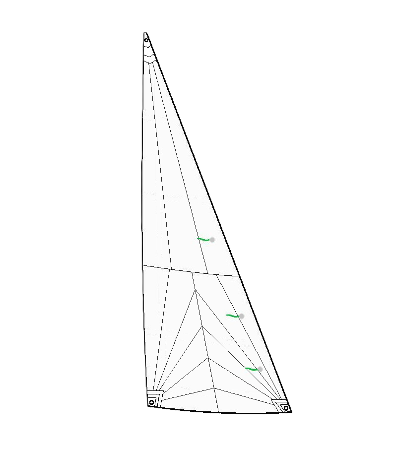 Chargez l'image dans la visionneuse de la galerie, Plan du Foc Catamaran Nacra 5.7 Mylar, montrant la disposition triangulaire avec panneaux et lignes de courbure, utilisé pour voile légère en sport nautique.