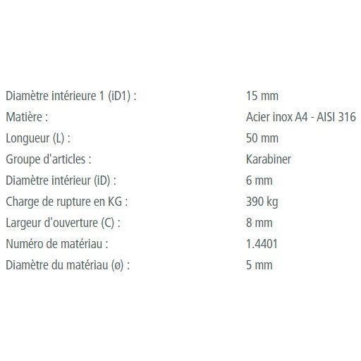 Load image into Gallery viewer, Mousqueton à œil en inox A4, qualité marine, affiché en gros plan avec détails techniques sur les dimensions et la charge de rupture.