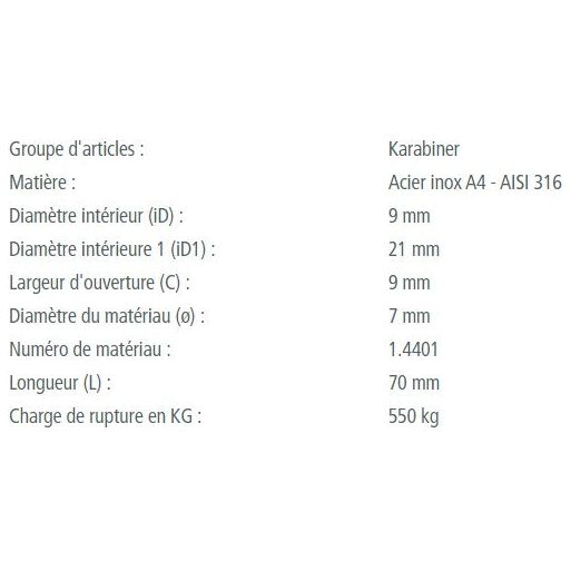 Load image into Gallery viewer, Mousqueton à Oeil en inox A4, tableau des dimensions et capacités de charge, idéal pour voile légère et usage nautique professionnel.