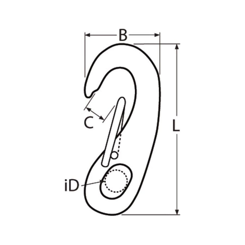 Laden Sie das Bild in Galerie -Viewer, Dessin technique d'un mousqueton rapide en inox A4, idéal pour la voile légère, illustrant les dimensions et caractéristiques pour applications marines.