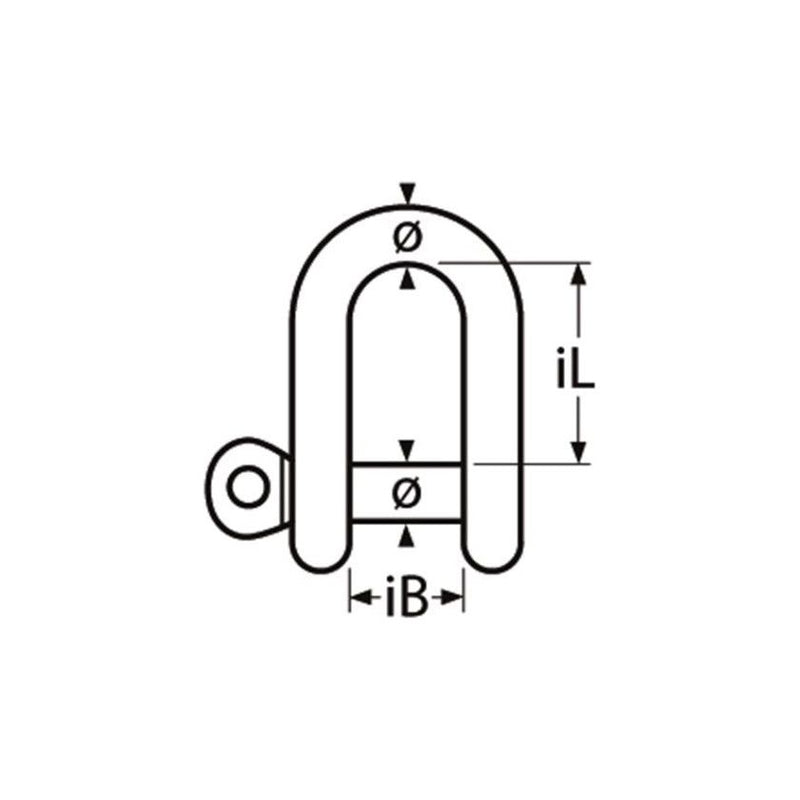 Laden Sie das Bild in Galerie -Viewer, Dessin technique de la Manille Droite Standard en inox, illustrant ses dimensions et charges de rupture, adaptée pour voile légère et usage marin.