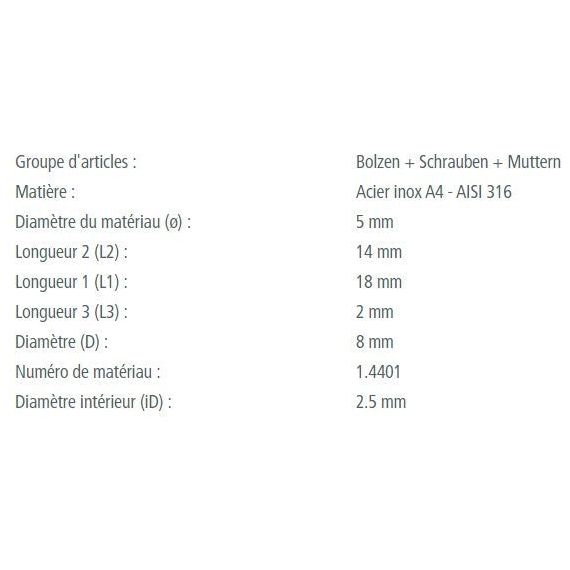Chargez l'image dans la visionneuse de la galerie, Axe épaulé inox A4 - AISI 316 avec tableau de dimensions utiles, idéal pour voile légère, proposé par Yachting Thommeret, spécialiste accastillage nautique.