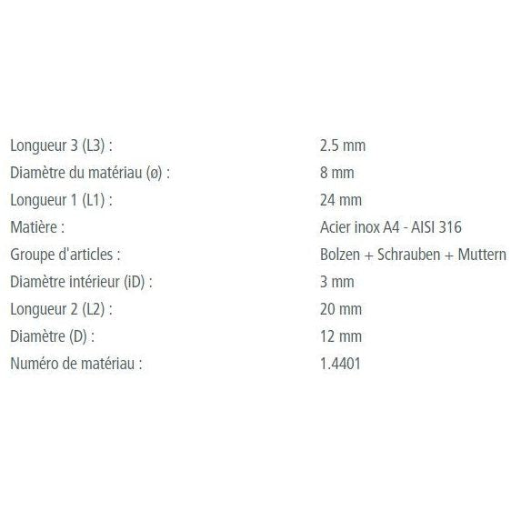Chargez l'image dans la visionneuse de la galerie, Axe épaulé inox A4 pour applications marines, gros plan sur les dimensions et spécifications, idéal pour accastillage nautique léger. Fabrication européenne, qualité premium.