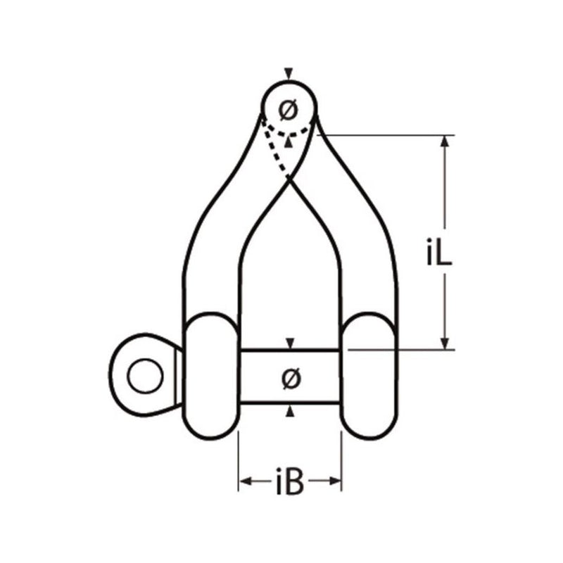 Chargez l'image dans la visionneuse de la galerie, Dessin technique d'une Manille Torse 90° Standard en inox A4, idéale pour accastillage nautique, montrant les dimensions et capacités de charge pour différentes tailles.