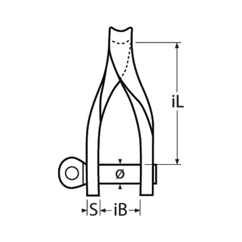 Laden Sie das Bild in Galerie -Viewer, Manille Torse Emboutie Standard en inox A4, dessinée en ligne, idéale pour accastillage marin, avec diamètre 5mm, largeur 12mm, longueur 40mm, charge rupture 900kg.