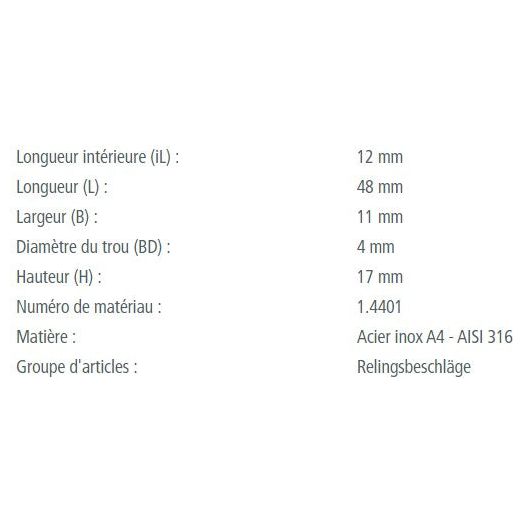 Load image into Gallery viewer, Pontet plat en inox A4 - AISI 316 pour voile légère, dimensions: ø05mm, largeur 12mm, longueur 48mm, hauteur 17mm, idéal pour dériveurs et catamarans.
