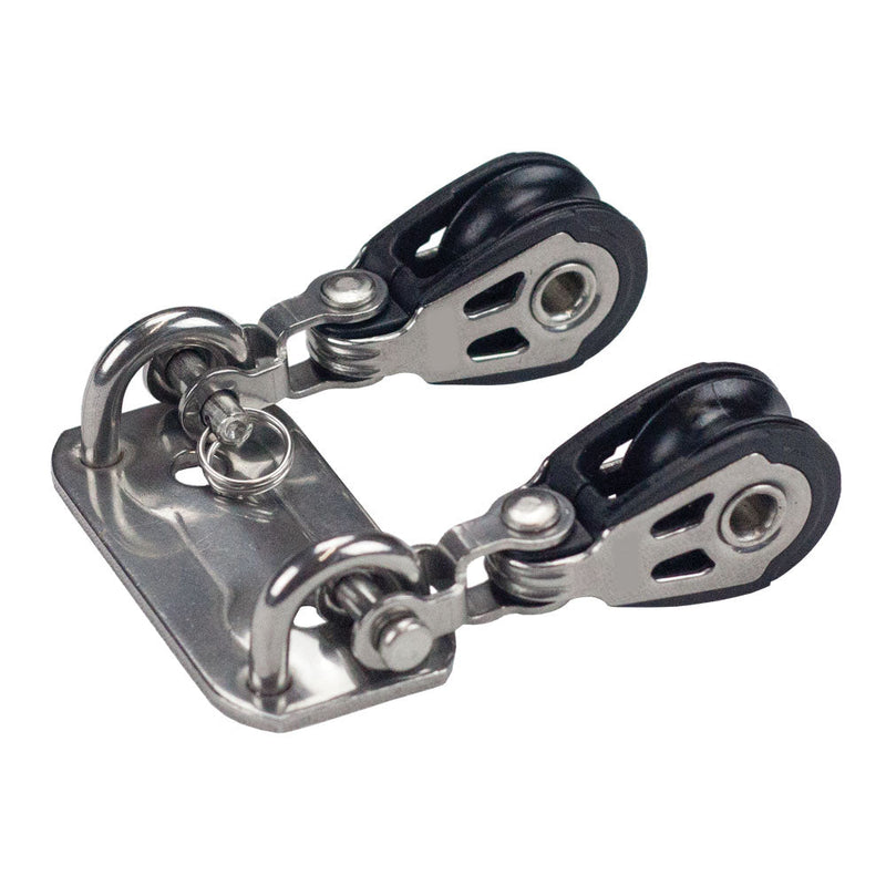Laden Sie das Bild in Galerie -Viewer, Platine inox avec poulies AHT2021F Laser® - Jauge Laser®, bloc-tackle avec poulies pivotantes de 20 mm pour applications marines, améliore le réglage des voiles Laser® et ILCA®.