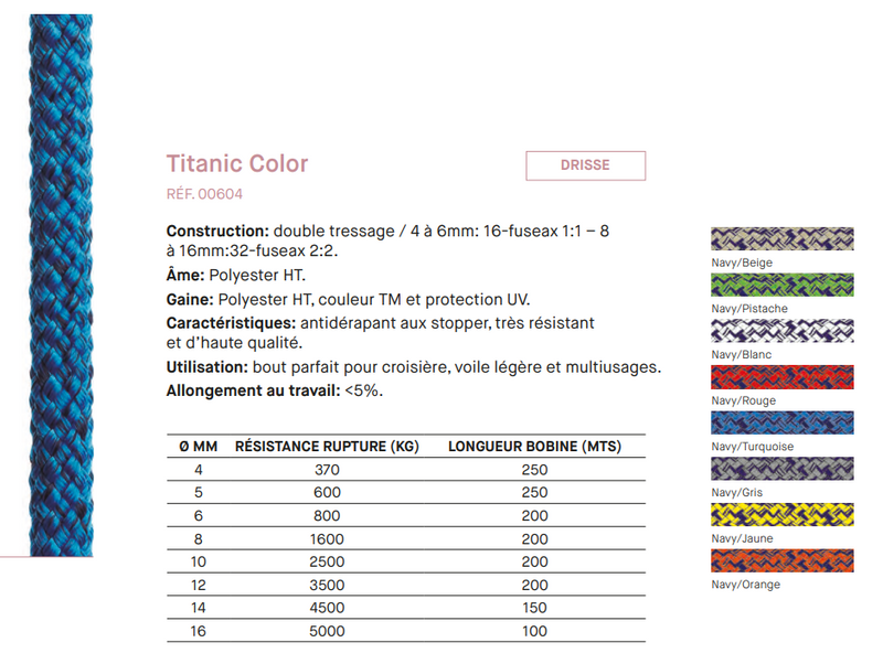 Chargez l'image dans la visionneuse de la galerie, Drisse Polyester Titanic Color, double tressage, antidérapant et traité anti-UV, parfaite pour croisière et voile légère, vendue au mètre chez Yachting Thommeret.