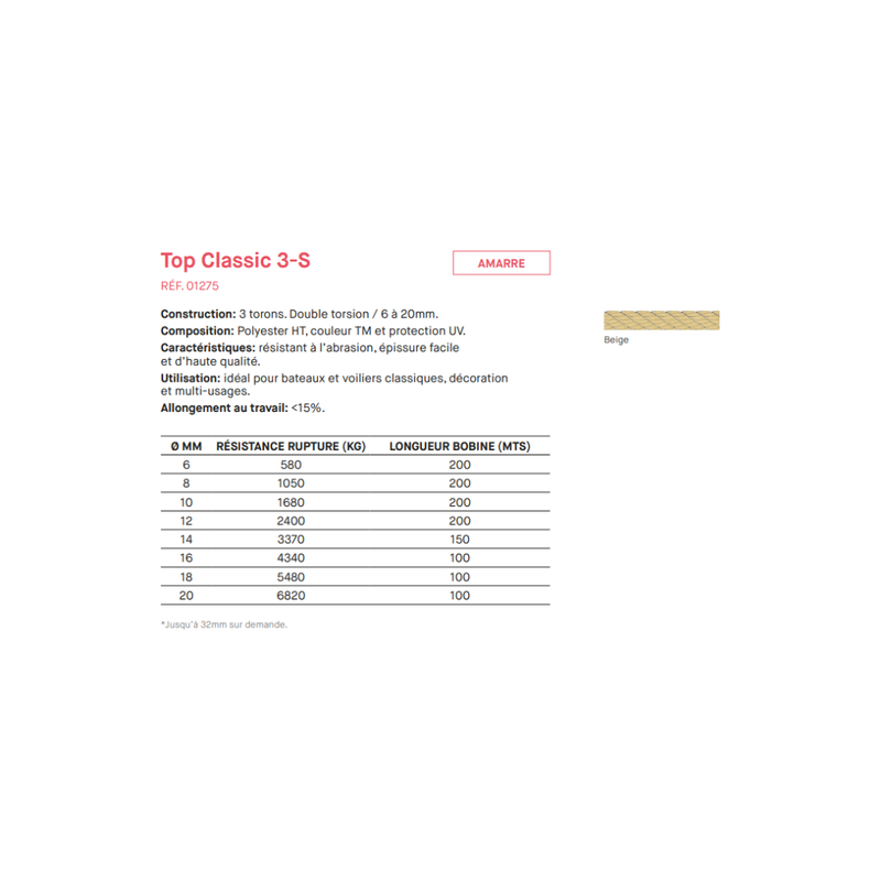 Load image into Gallery viewer, Amarre TOP CLASSIC 3-S Beige en polyester, traité anti-UV, idéal pour voiliers classiques et décoration, vendu au mètre, robuste et résistant à l'abrasion.