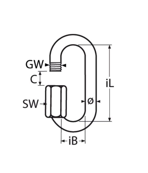 Load image into Gallery viewer, Maillon rapide inox Forte Charge avec dimensions techniques, essentiel pour connecter éléments nautiques, filetage fluide pour conditions difficiles, charge élevée, idéal pour voile légère.