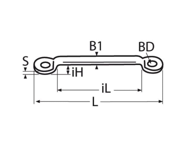 Chargez l'image dans la visionneuse de la galerie, Dessin présentant les dimensions et longueurs du pontet/passe-sangle 50mm en inox pour voile légère.