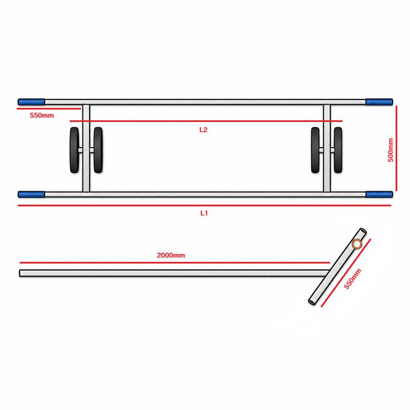 Laden Sie das Bild in Galerie -Viewer, Dessin présentant les dimensions principales du chariot de mise à l'eau pour catamaran type Hobie Cat, Dart, etc.