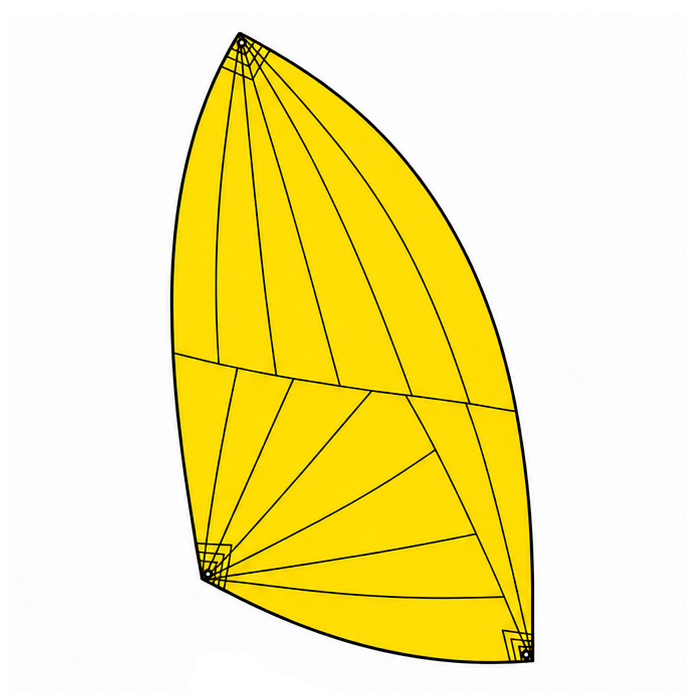 Chargez l'image dans la visionneuse de la galerie, voile dite spinnaker représentée par un schéma ou dessin montrant les panneaux découpés et cousus entre eux pour former une voile asymétrique ronde.