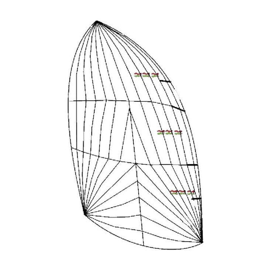 Dessin d'un spi d'entraînement pour J80, coupe tri-radiale, illustrant le design technique du produit proposé par Yachting Thommeret.