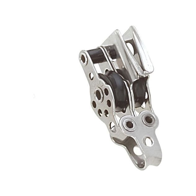 Chargez l'image dans la visionneuse de la galerie, Poulie Double Micro + Coinceur + Ringot en inox, idéale pour voile légère, avec roues en caoutchouc noir, adaptée aux réglages précis de dériveur et catamaran.