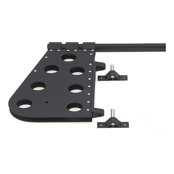 Load image into Gallery viewer, Tête de Safran longue avec Aiguillot, objet noir en aluminium anodisé perforé, pour lame de 20mm, avec barre de 1m et aiguillots de 10mm.