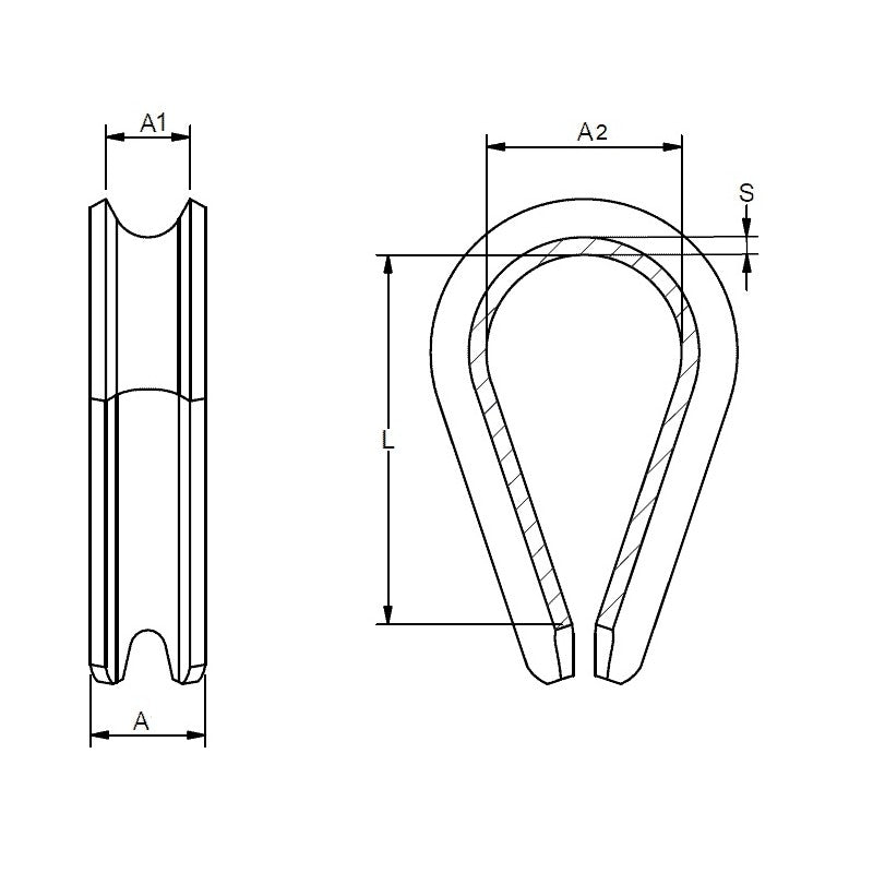Load image into Gallery viewer, Cosse cœur ouverte inox, dessin technique montrant les dimensions et formes pour protéger une boucle de câble, essentiel en équipement nautique léger.