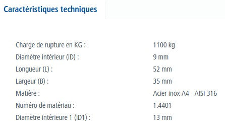 Load image into Gallery viewer, Mousqueton de Drisse en acier inoxydable A4 (AISI 316), dimensions: iD 9 mm, longueur 52 mm, largeur 35 mm, charge de rupture 1100 kg, idéal pour voile légère.