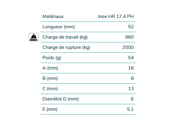 Load image into Gallery viewer, Mousqueton à Chape 52mm en inox 17.4 Ph, avec chape intégrée, facilitant l'ouverture et offrant des charges de travail exceptionnelles, idéal pour voile légère et sports nautiques.
