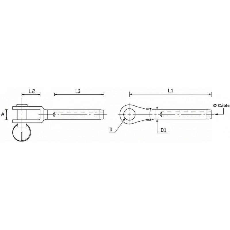 Chargez l'image dans la visionneuse de la galerie, Terminaison Chape pour câble en Inox Aisi 316, dessinée avec embouts à sertir et chape fixe, pour applications nautiques, visible en diagramme technique.