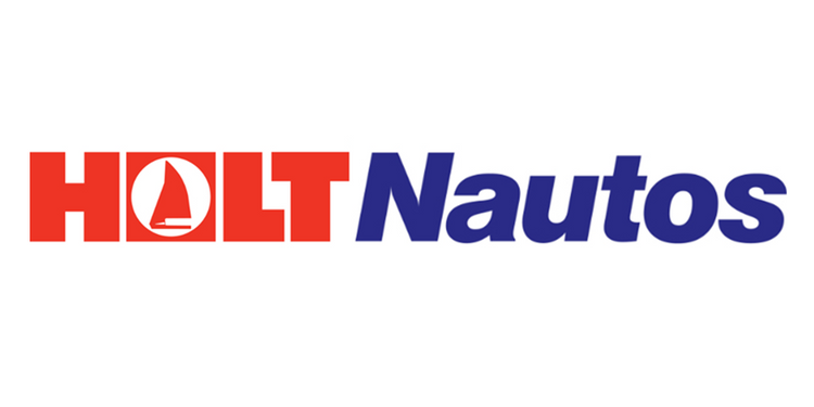 Logo de l'entreprise HOLT Nautos avec HOLT en rouge, le O en cercle avec silhouette de voilier, Nautos en bleu italique.