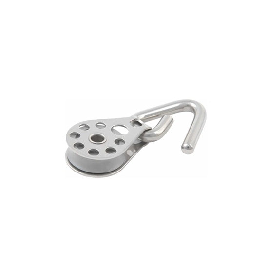Poulie à Crochet ø25mm en inox avec réa en acétal, conçue pour systèmes à faible charge, idéale pour tendeurs de corde.