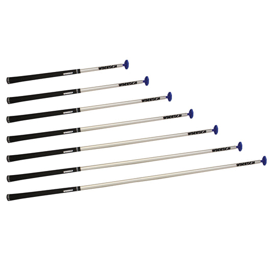 Stick Alu Ø16mm x 60cm, ensemble de six barres télescopiques en aluminium anodisé avec poignée en mousse noire et embout en caoutchouc bleu pour applications nautiques légères.