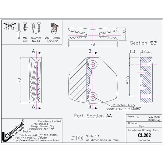Taquet ClamCleat® Nylon Noir Double Horizontal pour lignes de 6 à 10mm, conçu pour fixation horizontale ou verticale sur bateaux de dériveur et catamaran.