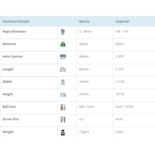 ClamCleat® Nylon Junior ø3 à 6mm, taquet polyvalent en nylon, idéal pour dériveurs, kayaks et vélos, visible dans un cadre nautique d'équipement léger.