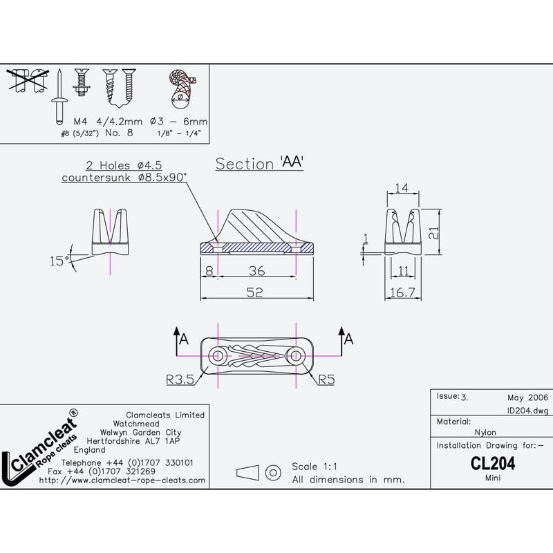 Chargez l&#39;image dans la visionneuse de la galerie, ClamCleat® Nylon Mini Noir ø3 à 6mm fixé sur une surface plane, idéal pour lignes de contrôle en nautisme léger.
