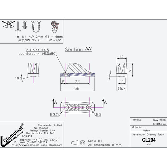 ClamCleat® Nylon Mini Noir ø3 à 6mm fixé sur une surface plane, idéal pour lignes de contrôle en nautisme léger.