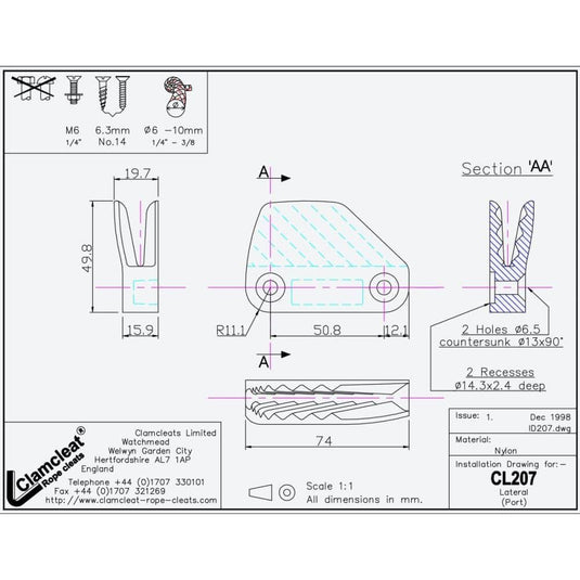 ClamCleat® Nylon Latéral Babord ø6 à 10mm, taquet discret en nylon pour dériveurs et voiliers, fixation par boulons ou vis à tête fraisée.